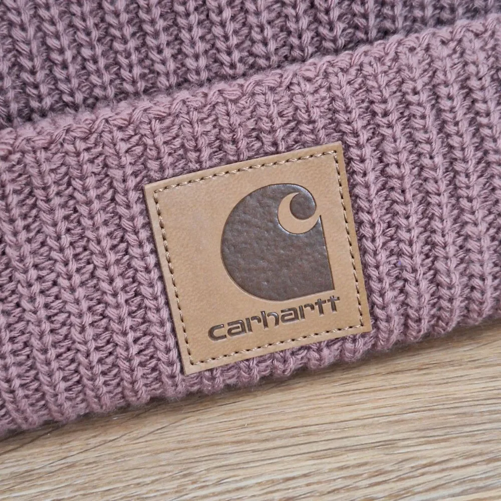 Carhartt Womens Hat Pink Pom Fleece Lined Knit Faux Fur Beanie Soft Mauve
